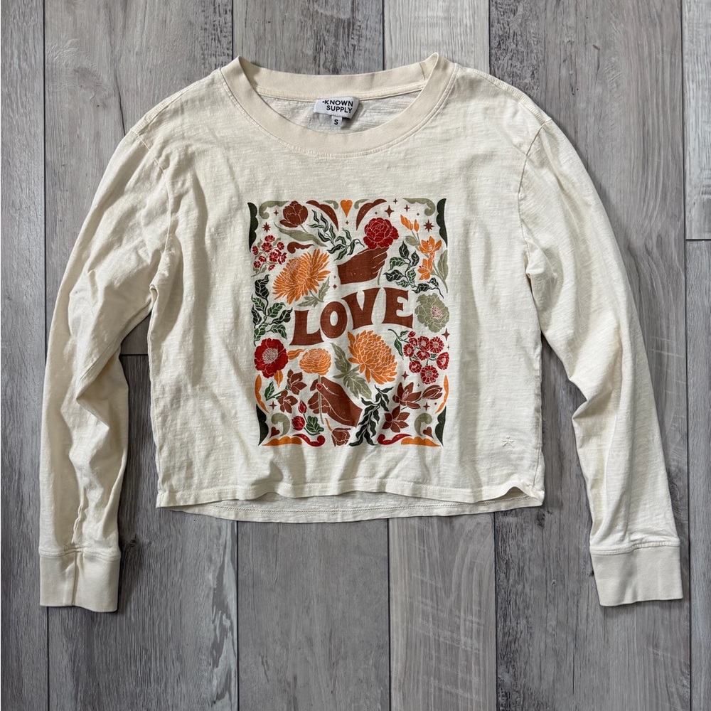 KNOWN SUPPLY Floral Boho Love Cream Organic Cotton Long sleeve size small - Picture 3 of 8